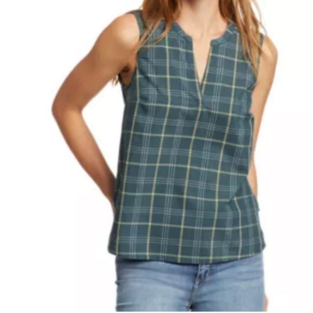 Eddie Bauer Etesian Split-Neck Tank Top in Dark Evergreen Yellow Plaid Size M